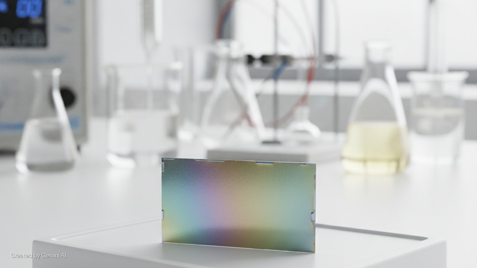 An iridescent rectangular plate is centered on a white lab counter, with various blurred laboratory glassware and equipment visible in the bright background.