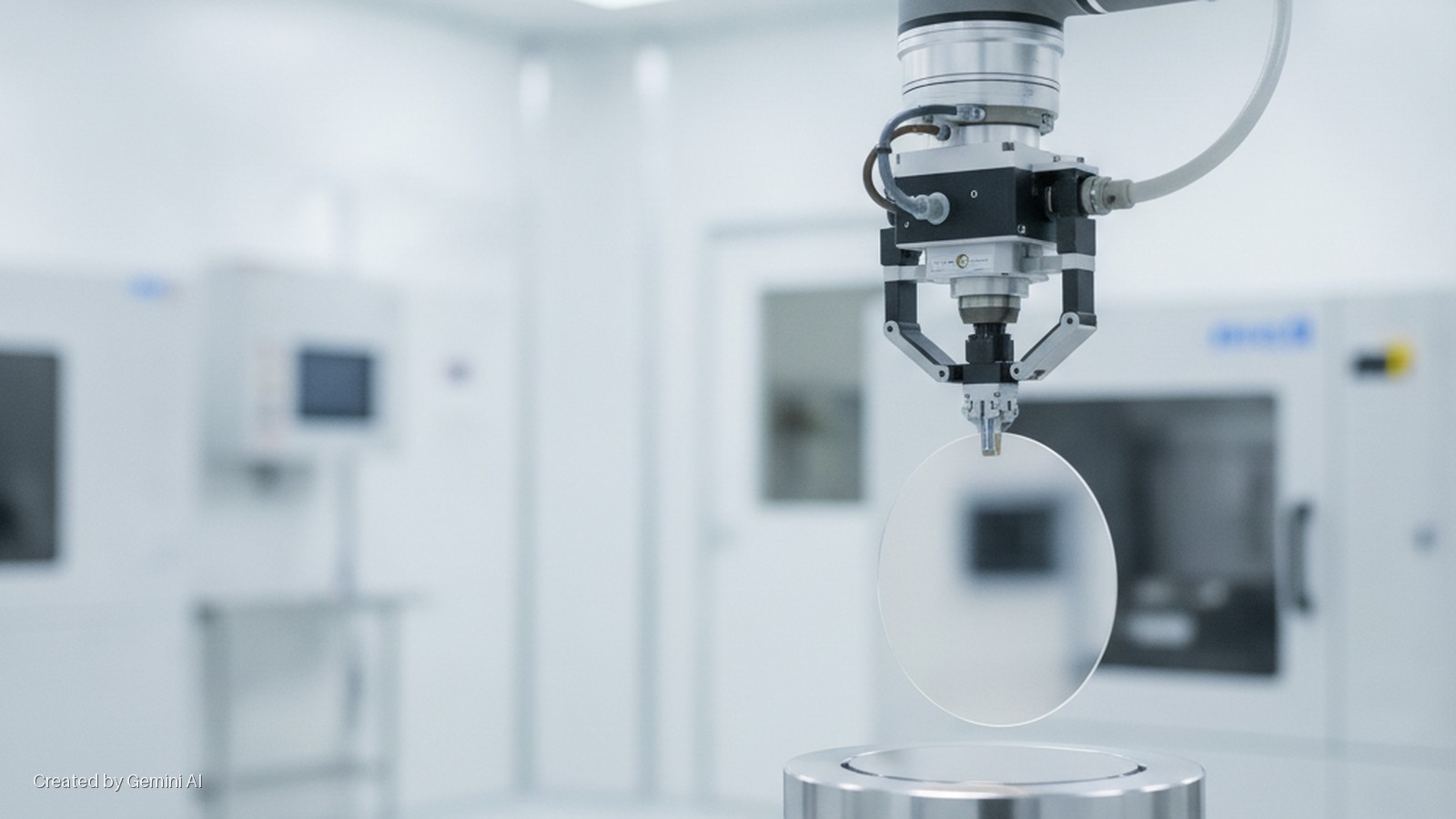 A robotic arm precisely holds a transparent circular wafer above a metal platform in a brightly lit, sterile cleanroom.