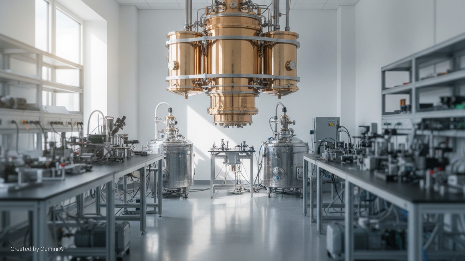 A bright, modern laboratory features a large, complex golden cylindrical research instrument suspended centrally, with two large silver cylindrical tanks on the floor, and multiple lab benches lined with scientific equipment and shelving un
