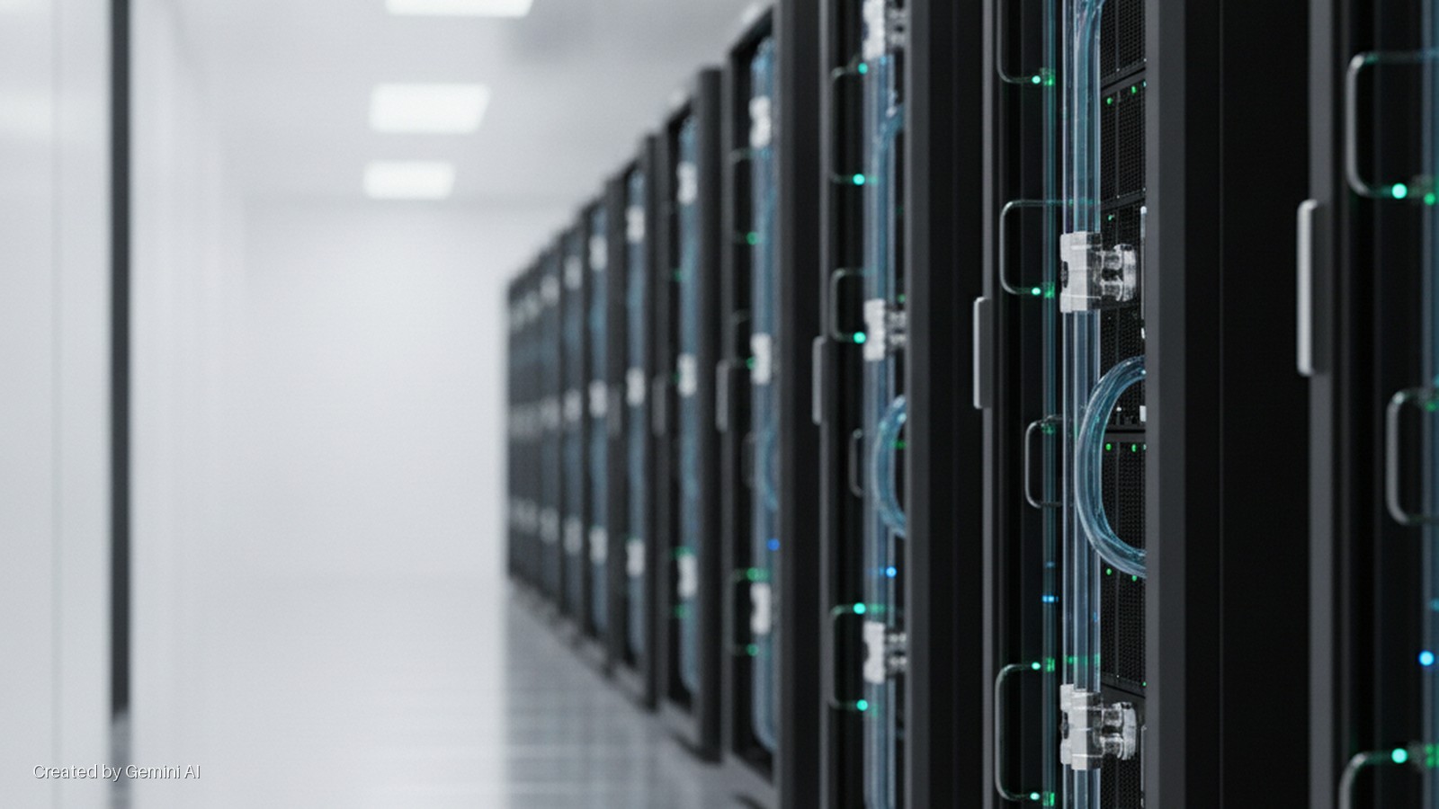 A long row of black server racks with glowing green and blue indicator lights and clear liquid cooling tubes stands in a brightly lit, white data center aisle.