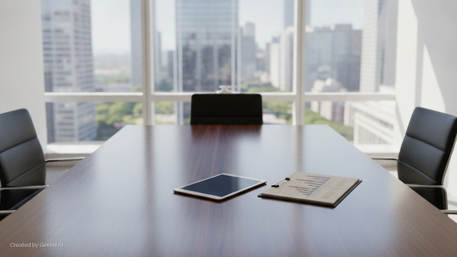 A brightly lit conference room features a large wooden table holding an iPad and a clipboard with a graph, with three black office chairs and a city skyline visible through expansive windows.