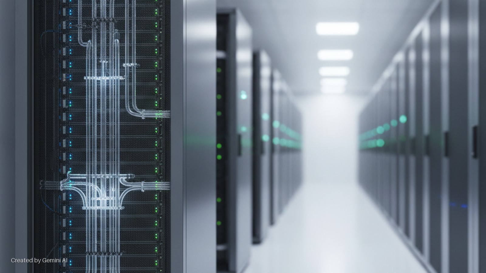 A server rack with glowing blue data cables and green indicator lights stands in the foreground, with an aisle of blurred server racks extending into the distance under bright overhead lights in a data center.
