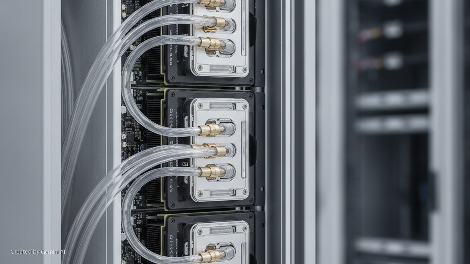 Clear liquid cooling tubes with brass fittings connect to silver water blocks on black server modules within a brightly lit rack.