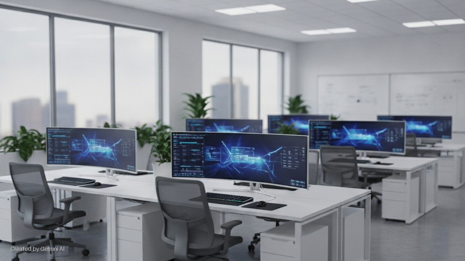 An empty, modern open-plan office features white desks, ergonomic chairs, computer monitors displaying abstract blue data graphics, potted plants, large windows revealing city buildings, and bright overhead lighting.