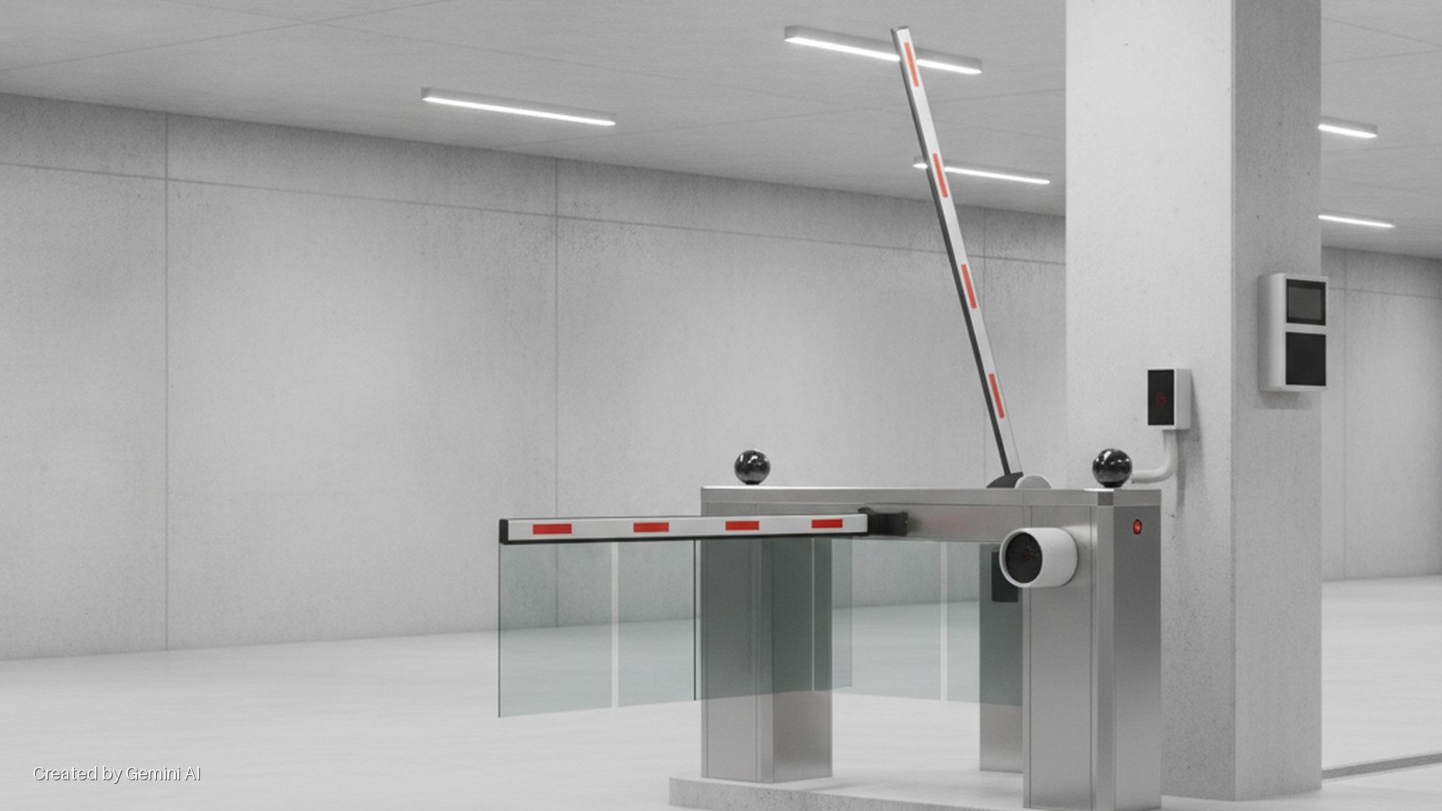 A modern, brightly lit parking garage entrance featuring a raised vehicle barrier, a pedestrian barrier with glass panels, multiple security cameras, and wall-mounted access control systems.