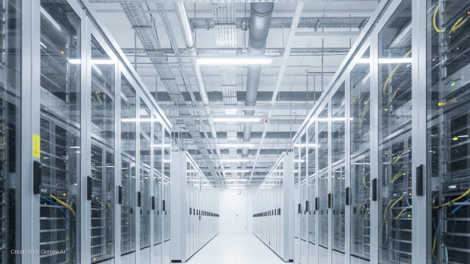 A brightly lit data center hallway lined with glass-fronted server racks revealing internal equipment, yellow and blue cables, and an overhead network of pipes and fluorescent lights.