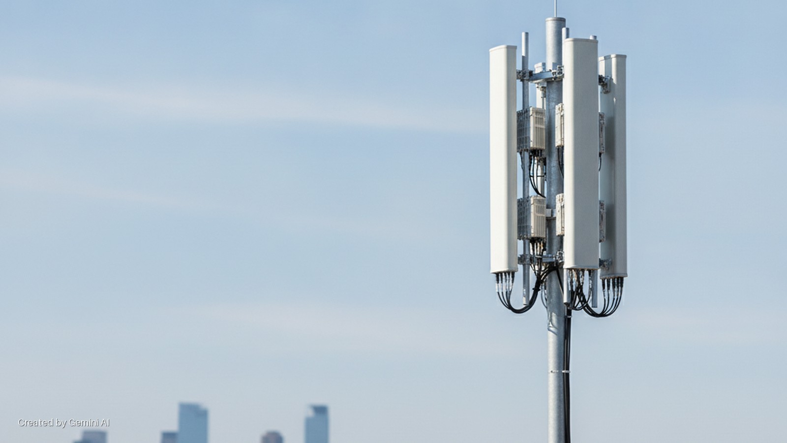 A cell tower with multiple white panel antennas and black cables stands against a clear, bright blue sky with a blurry city skyline visible in the distance.