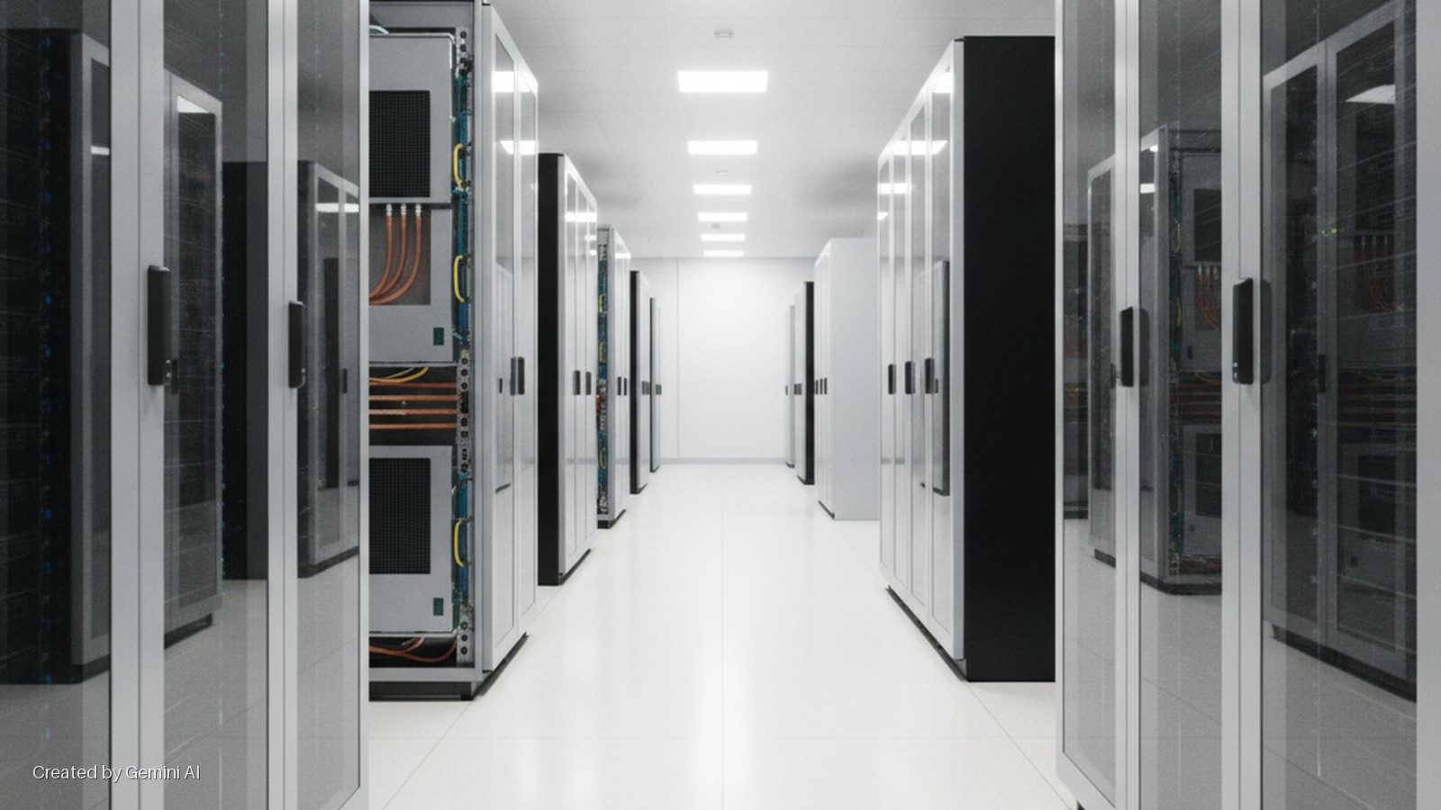 Brightly lit corridor of a modern data center with rows of server racks, some showing visible cables and equipment through glass doors.