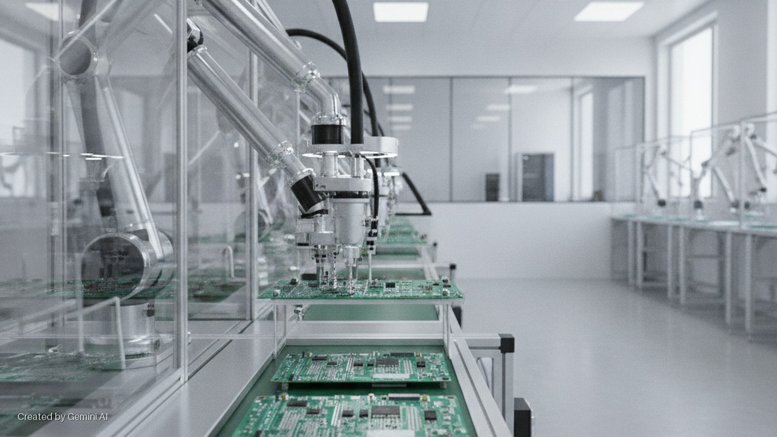 Automated robotic arms work on green circuit boards on an assembly line, enclosed in clear protective barriers, within a brightly lit clean room.
