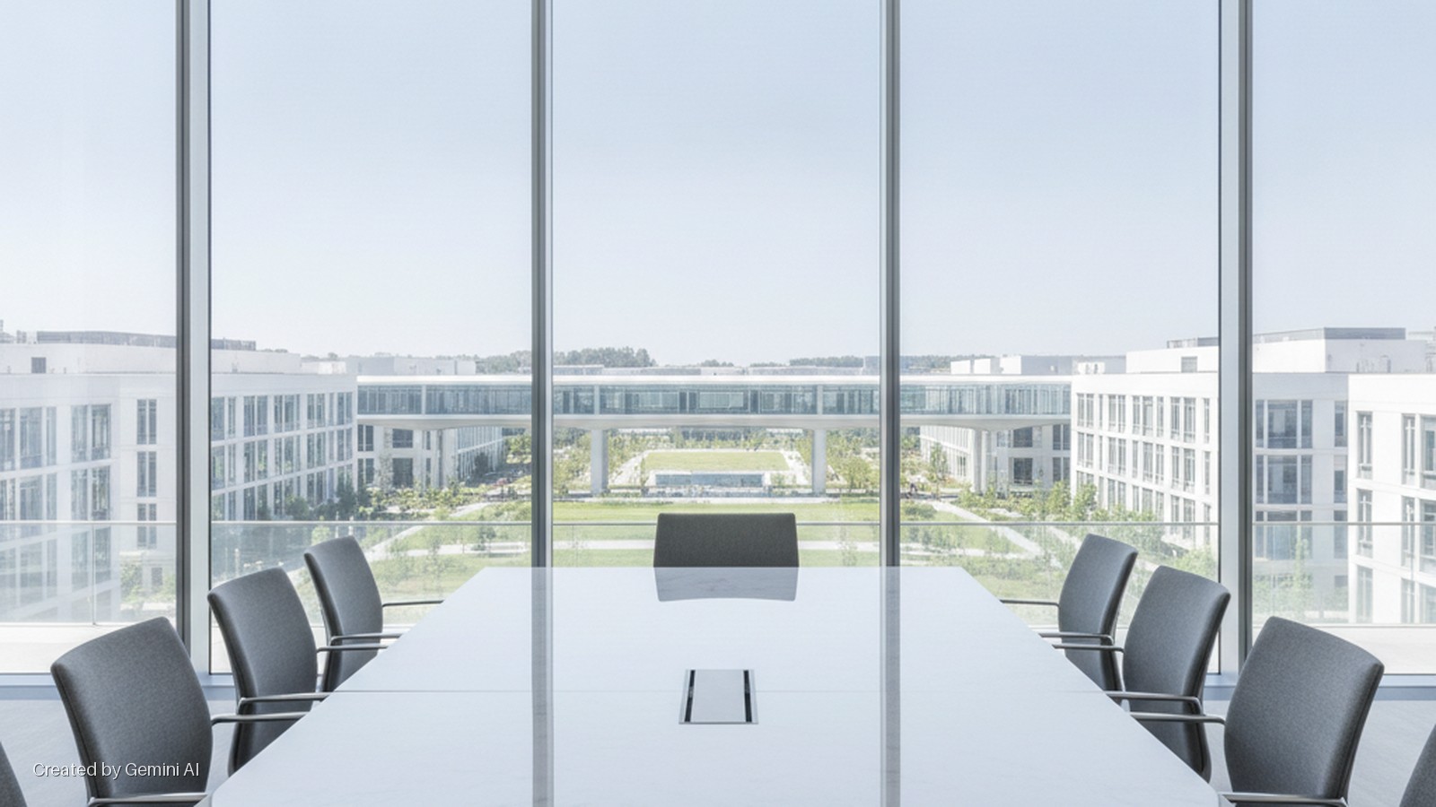 Modern conference room with a white table and gray chairs, looking out through large windows onto a bright corporate campus featuring white buildings, green courtyards, and an elevated walkway.