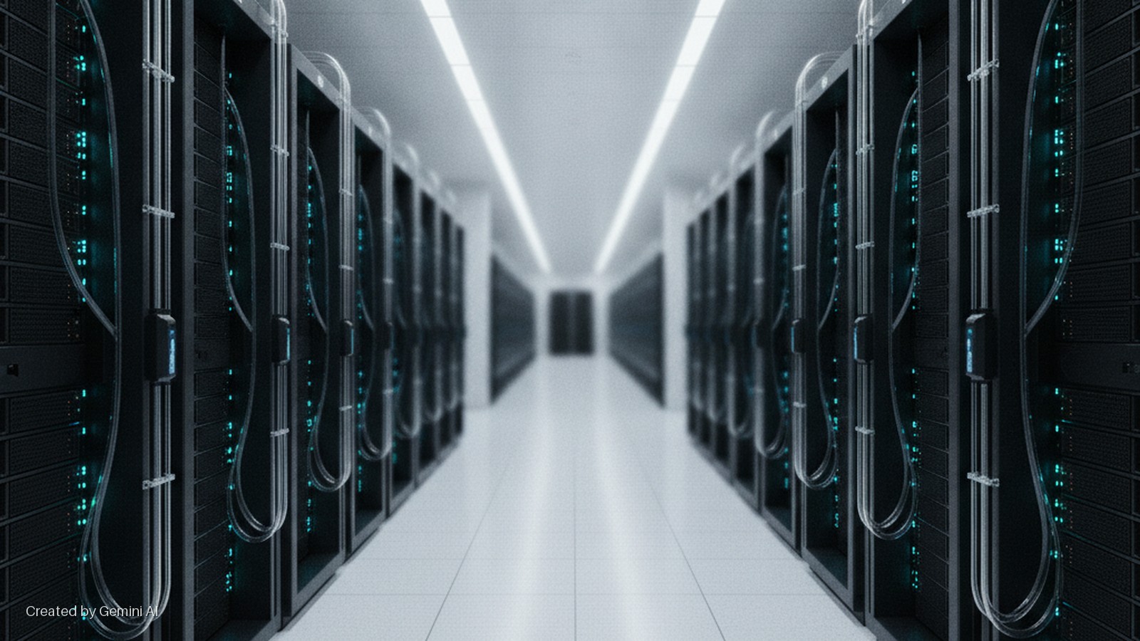 A symmetrical data center hallway lined with black server racks featuring translucent cooling tubes, glowing blue indicator lights, and bright overhead ceiling lighting.