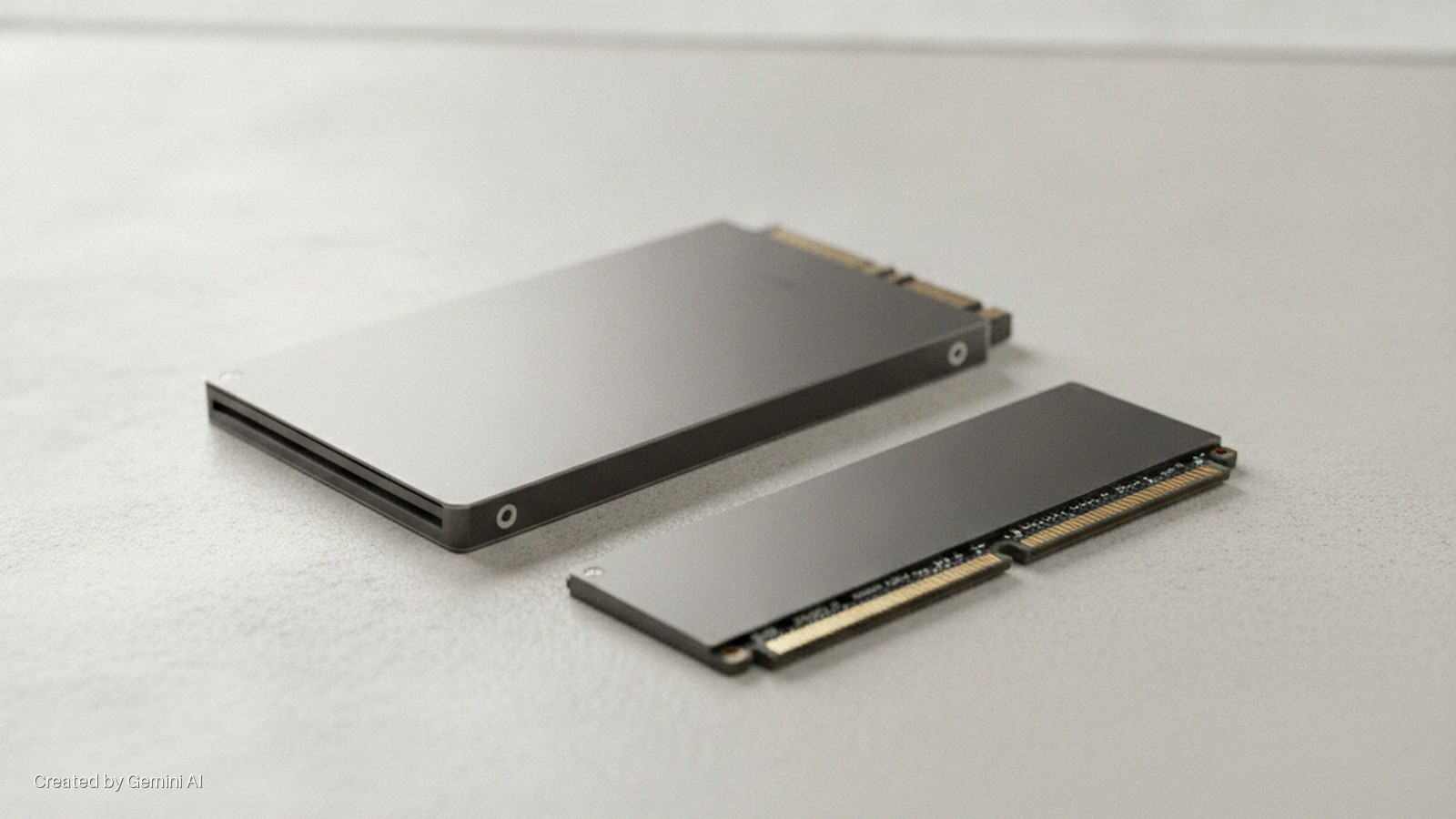 A rectangular dark gray enterprise solid-state drive and a dark gray server memory module with exposed gold pins lie on a light gray textured surface under bright, even lighting.