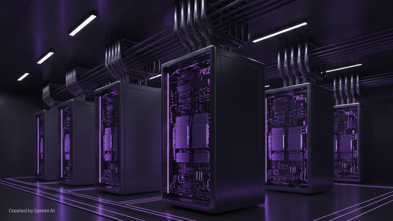 Rows of dark server cabinets with glowing purple interiors stand in a data center, illuminated by white overhead lights and purple glowing floor lines, connected by silver overhead conduits.