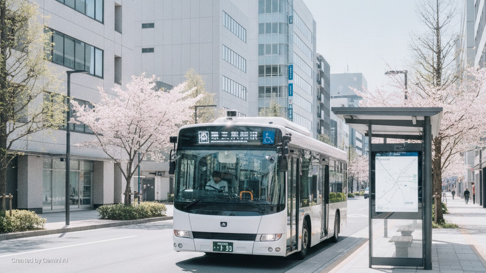 A white city bus approaches a bus stop on a sunny urban street lined with blooming cherry trees and modern buildings.