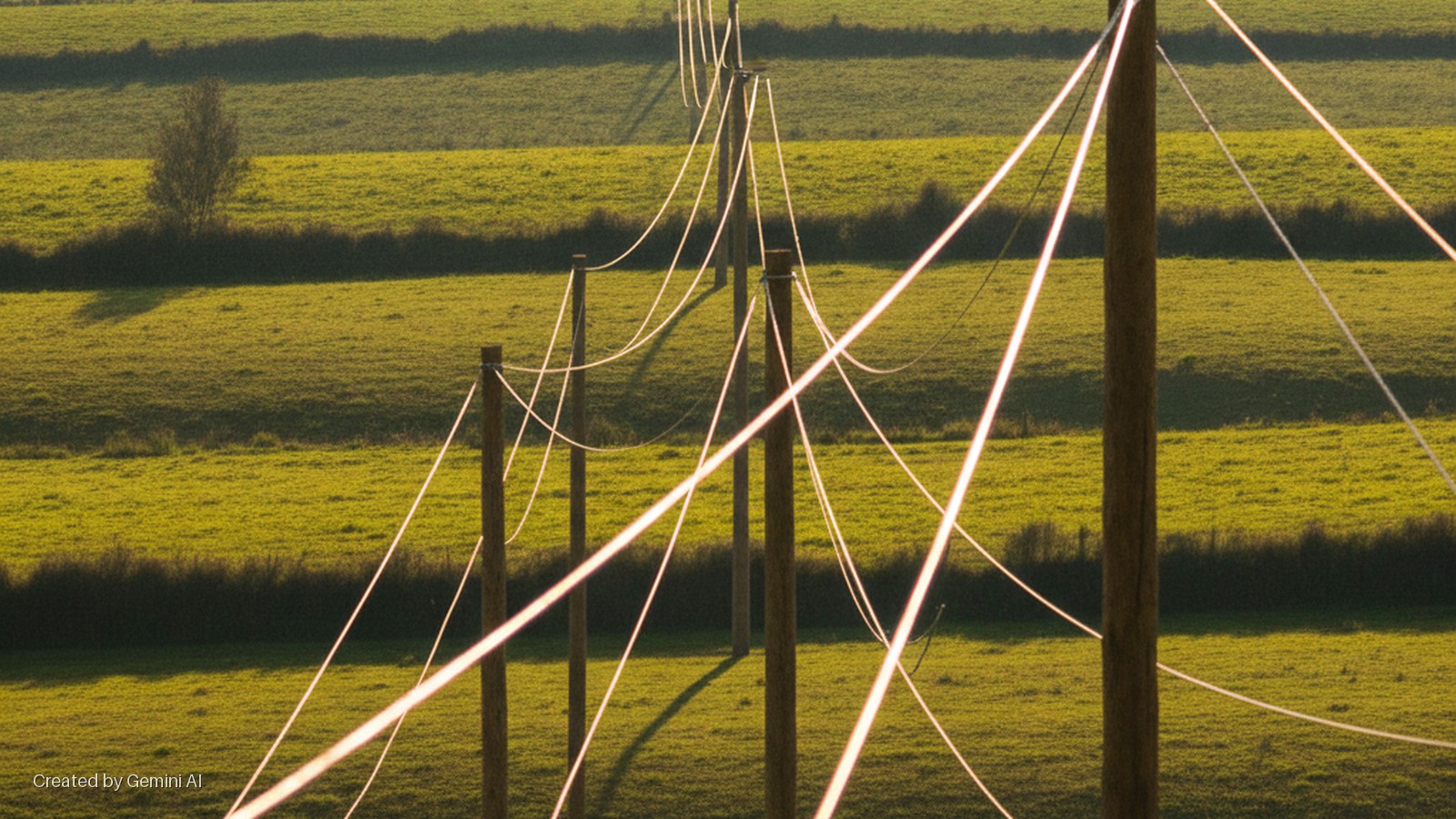 Golden hour light illuminates brightly shining wires strung between wooden poles, extending across a landscape of green fields divided by hedges, with a distant tree.