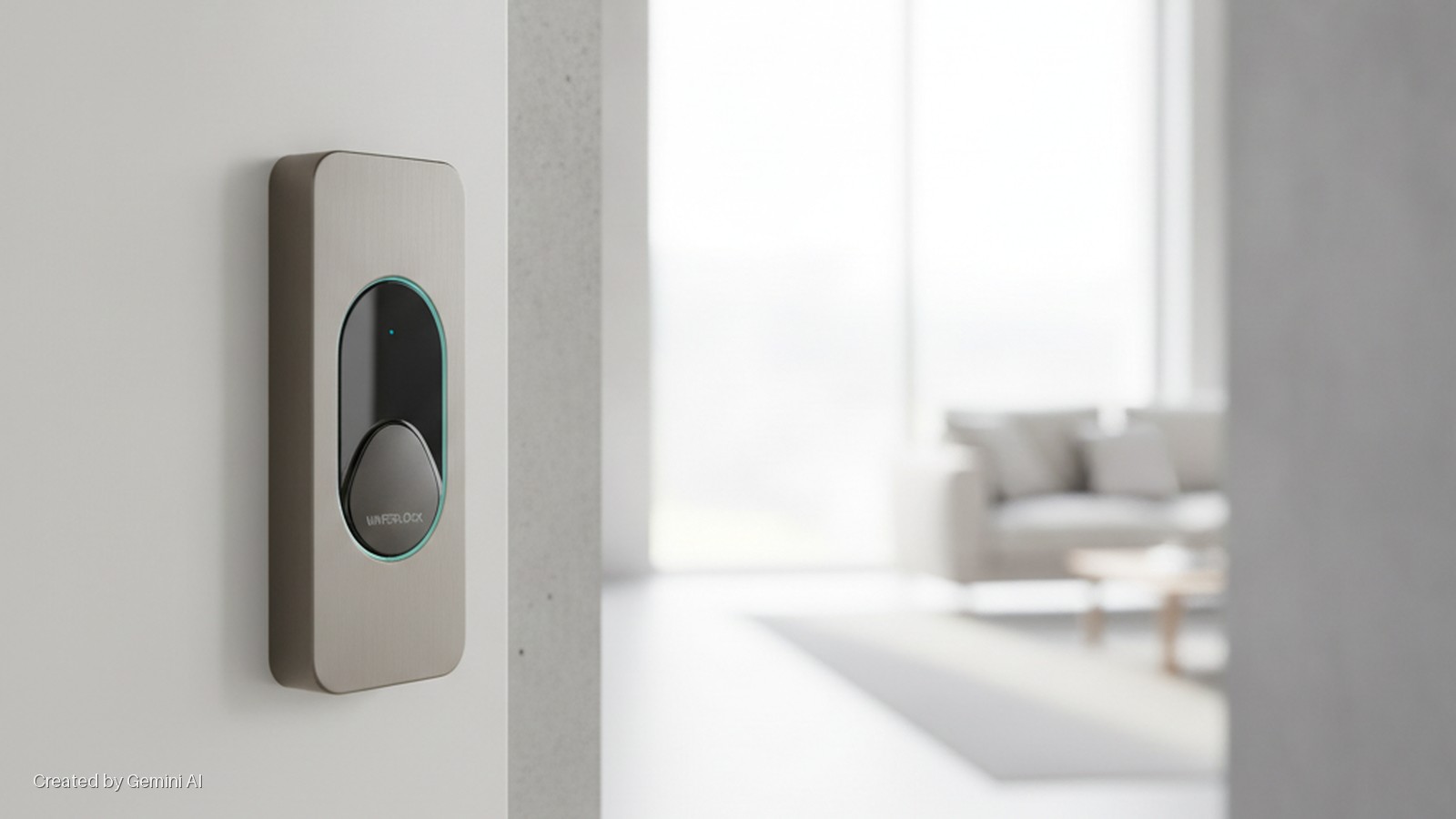 A vertical, brushed taupe smart home control panel with a glowing blue-outlined black display and "WAVERLOCK" text is affixed to a white wall, foregrounding a brightly lit, blurred modern living room with a sofa.