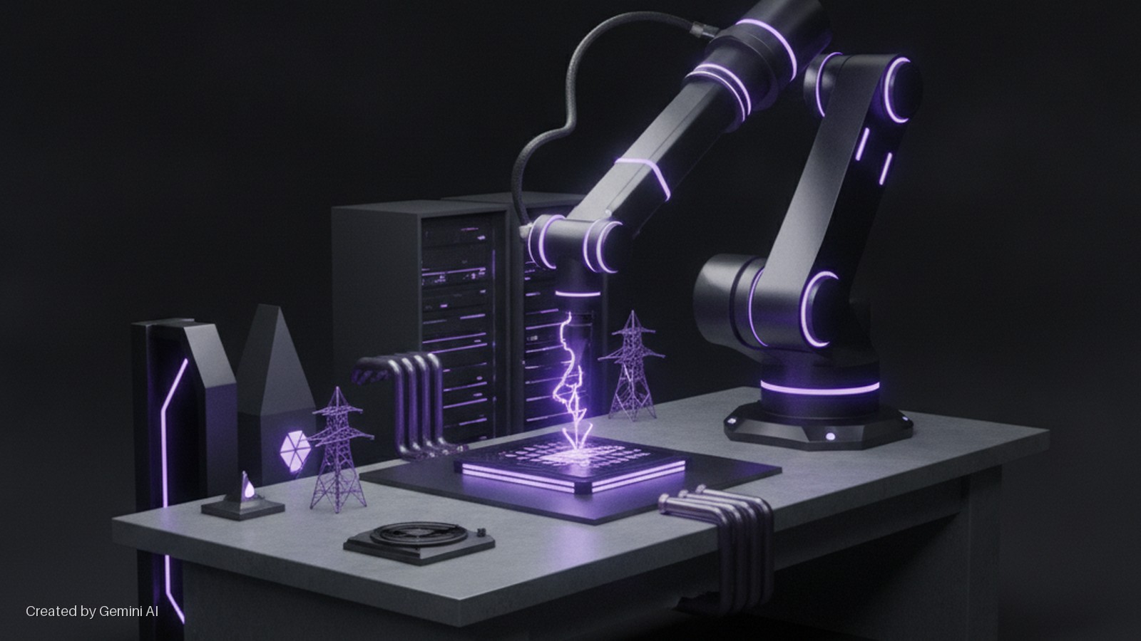 A dark robotic arm and server racks with purple neon lighting, alongside miniature power pylons, surround a glowing CPU chip being struck by a bolt of purple lightning, all arranged on a dark table.