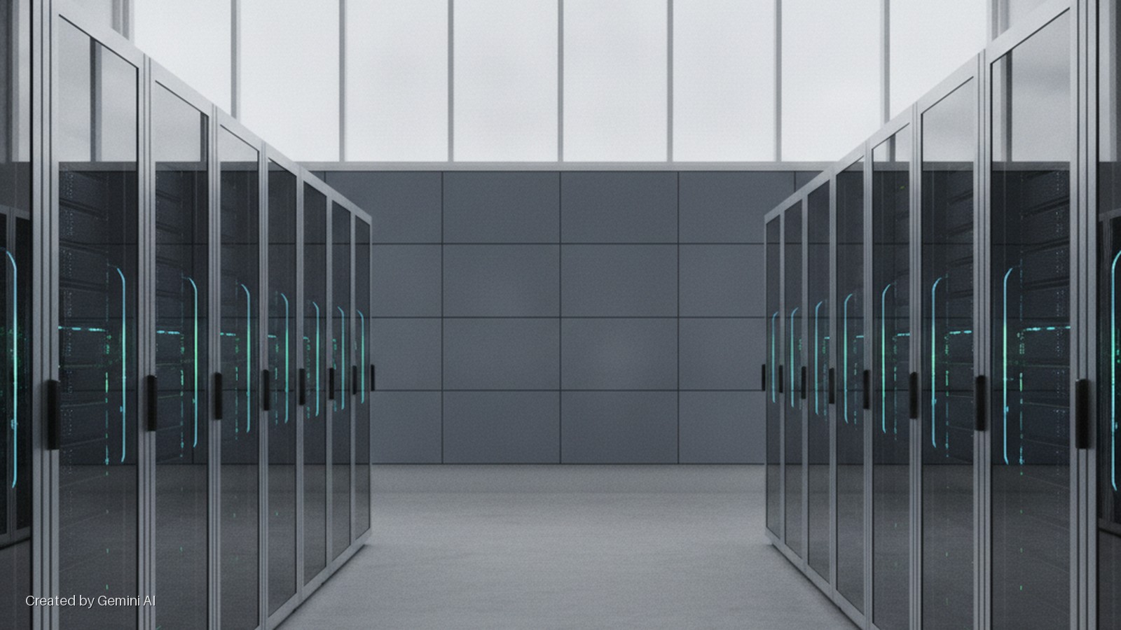 A data center corridor is lined by two rows of glass-fronted server racks with internal green lights, ending at a paneled grey wall below bright windows.