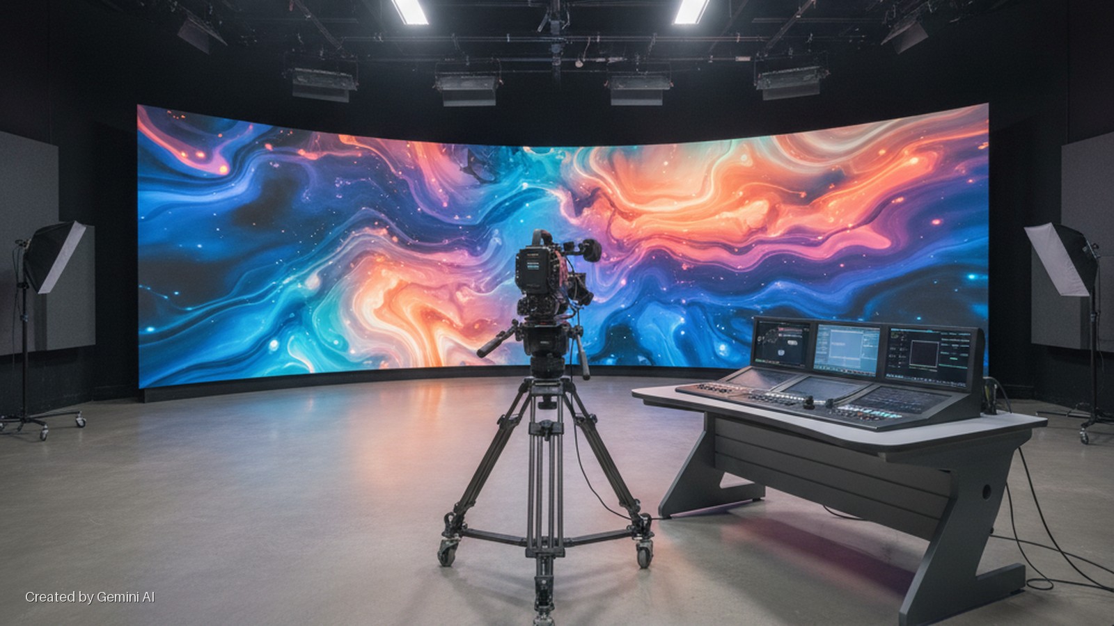 A professional TV studio features a large curved LED video wall displaying vibrant swirling blue, purple, and orange patterns, with a video camera on a wheeled tripod, a multi-screen production control desk, and two softbox lights, all illu
