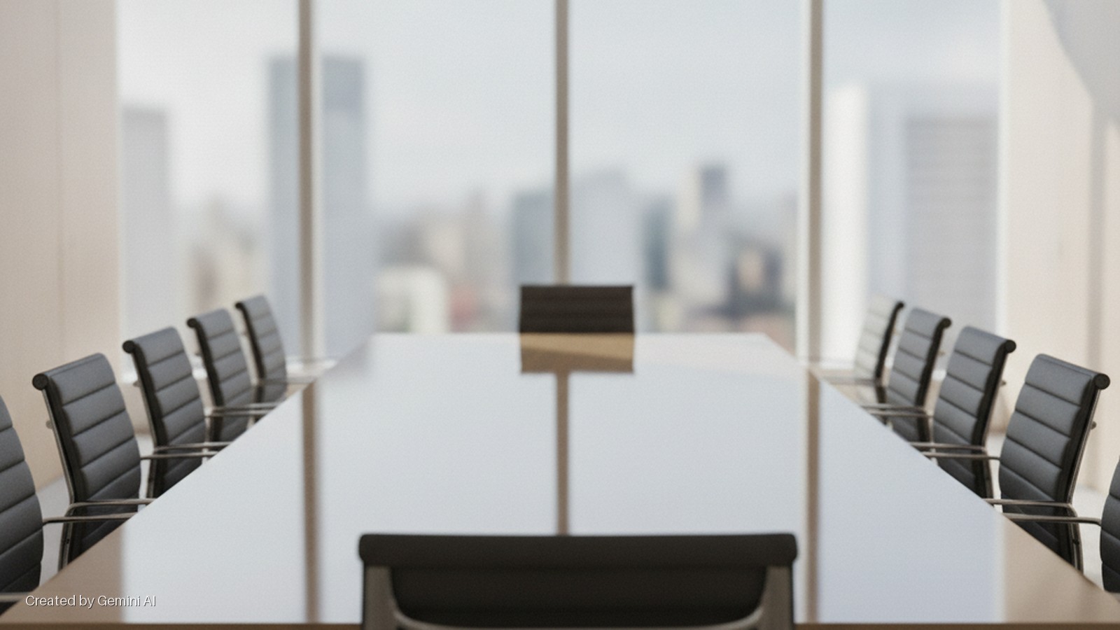 A bright, modern conference room with a long reflective table and black leather chairs, set against a blurred cityscape seen through large windows.
