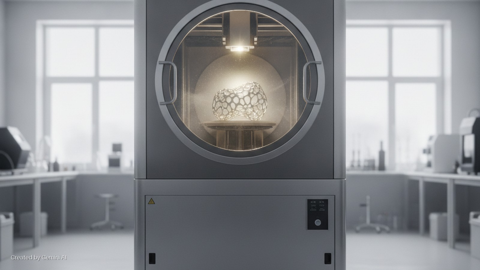 A large, grey industrial 3D printer with a round window displays a glowing, organic-patterned object being printed inside, set in a brightly lit laboratory with tables and scientific equipment.
