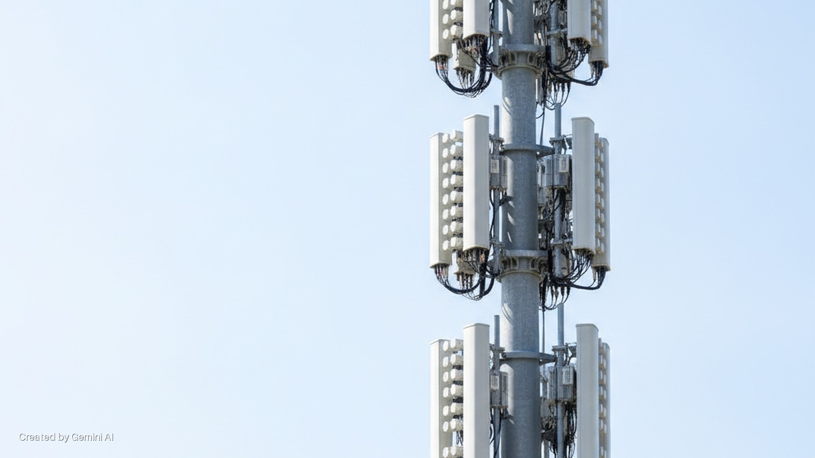A cell tower featuring multiple rectangular antenna panels and associated cabling stands against a bright, clear blue sky.
