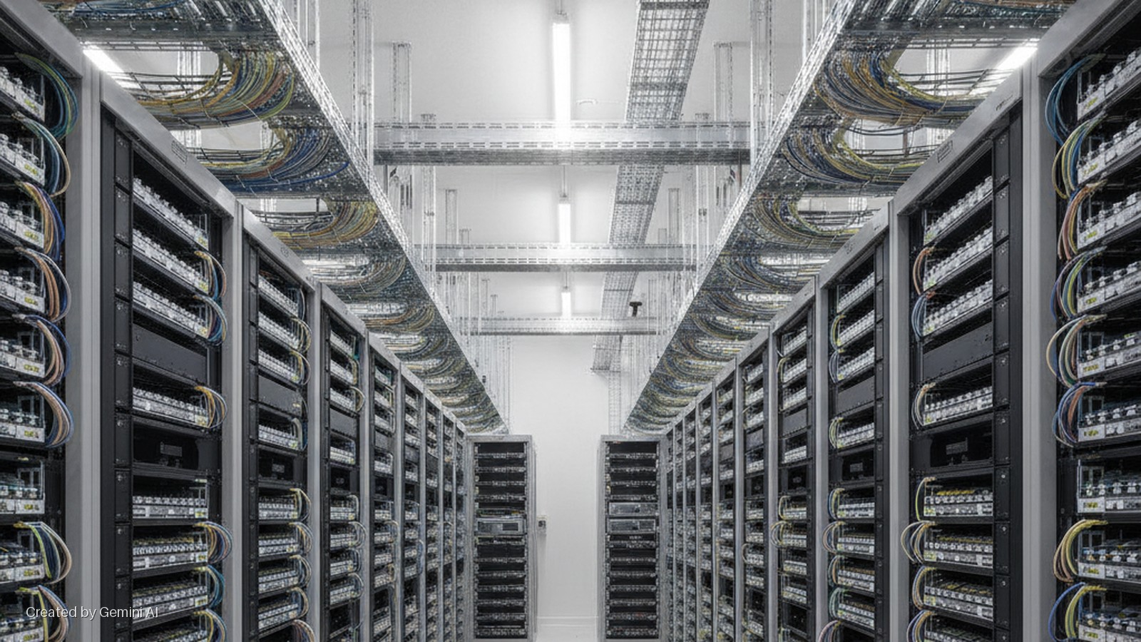 A brightly lit data center aisle features long rows of black server racks on either side, with overhead metal cable trays densely packed with colorful network cables.