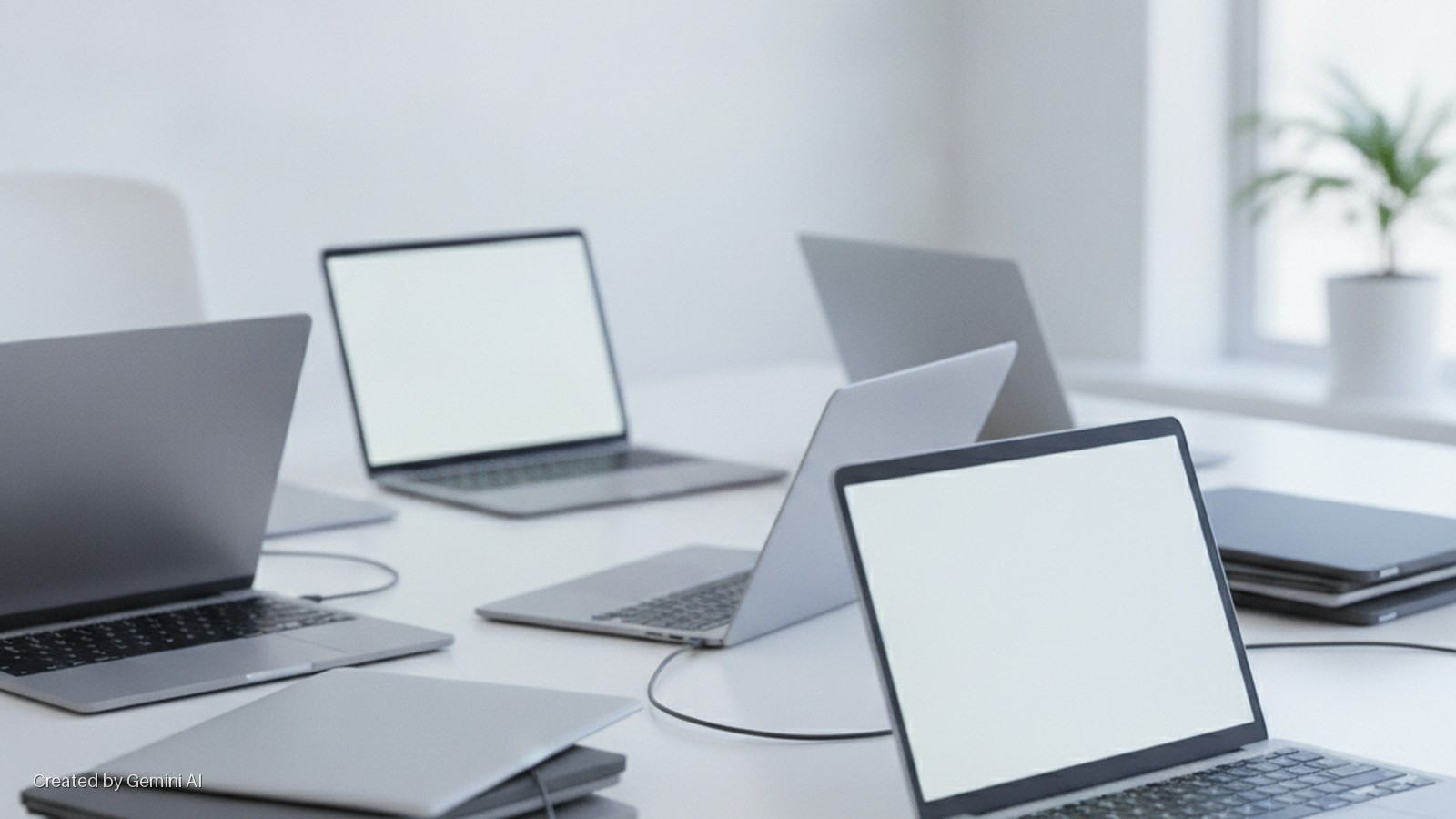 Multiple silver and gray laptops, some open with blank white screens and others closed, are arranged on a white table in a brightly lit office with a window and a potted plant in the background.