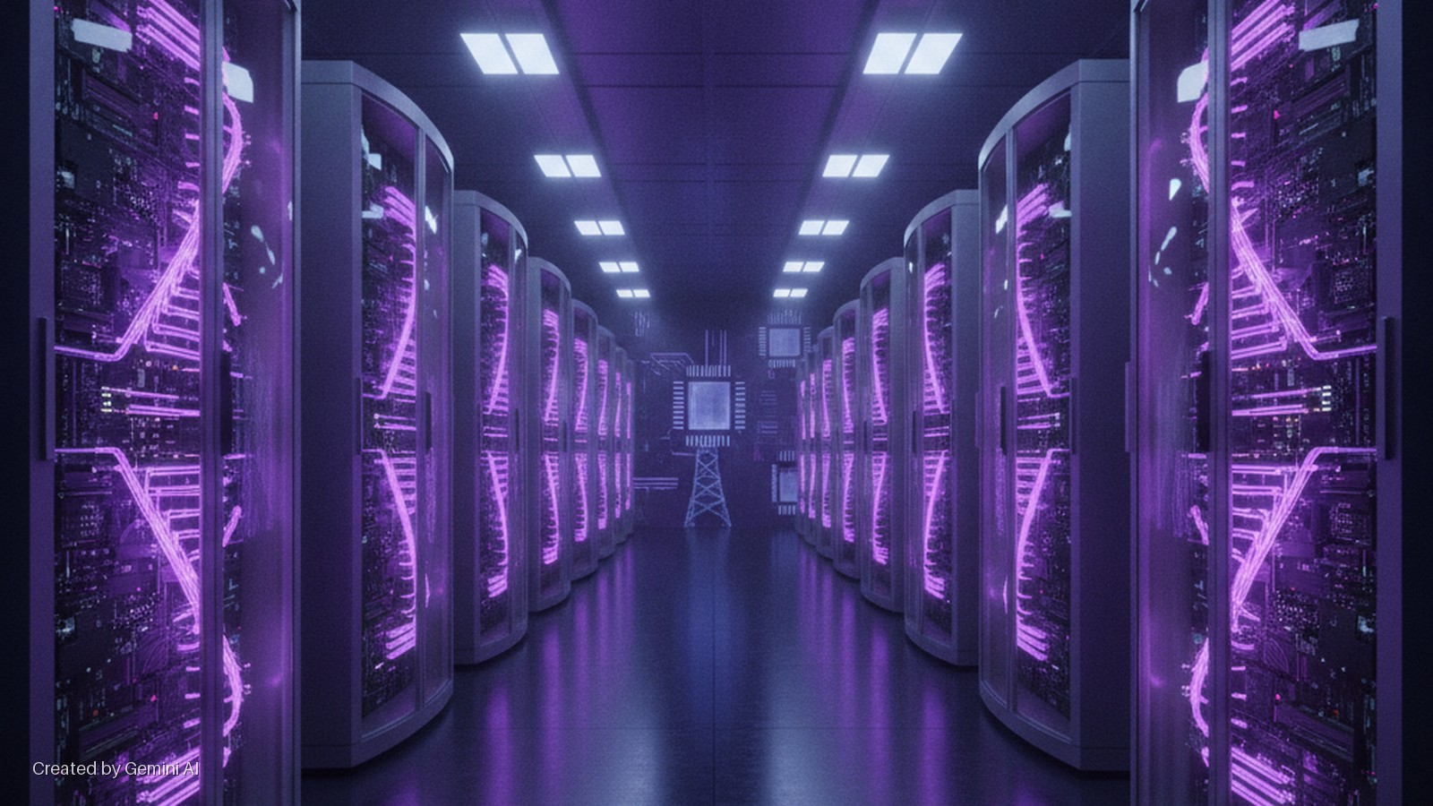 A long data center aisle is lined with tall server racks, their transparent fronts revealing intricate, glowing purple circuits, under bright rectangular ceiling lights.