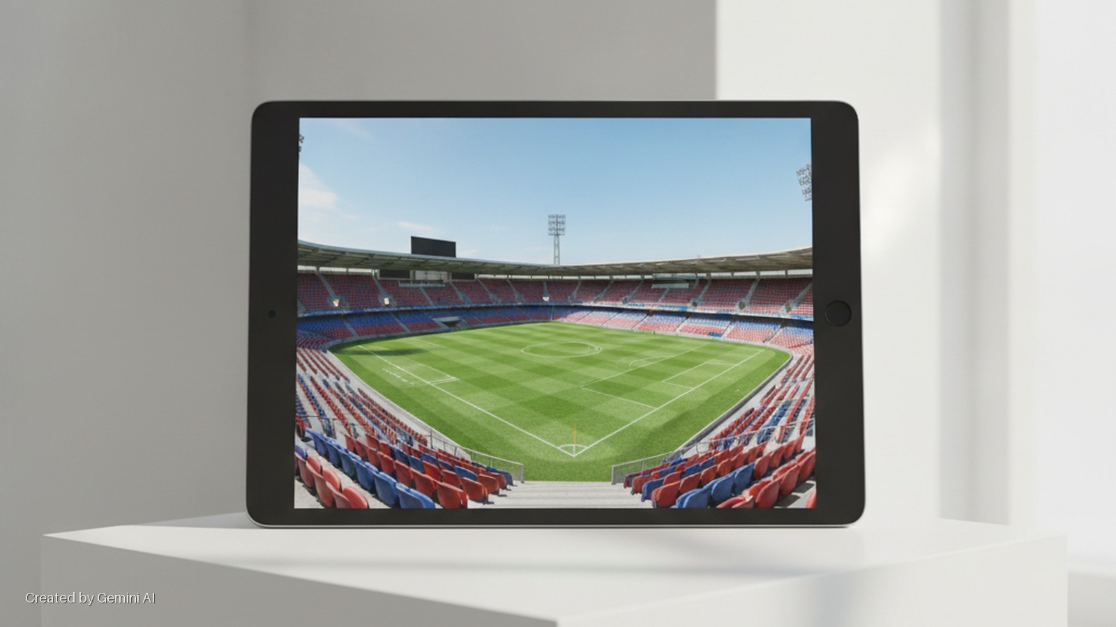 A black tablet displays a sunny, empty soccer stadium with green field and red and blue seats, resting on a white minimalist platform with shadows cast by light from the right.