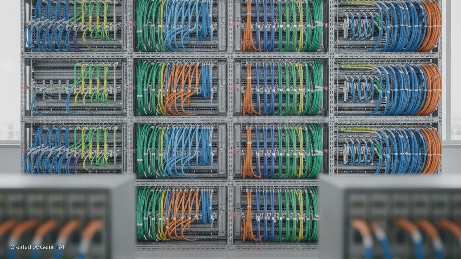 A brightly lit grid of server racks displays neatly organized blue, green, orange, and yellow network cables, with blurry server equipment visible in the foreground.