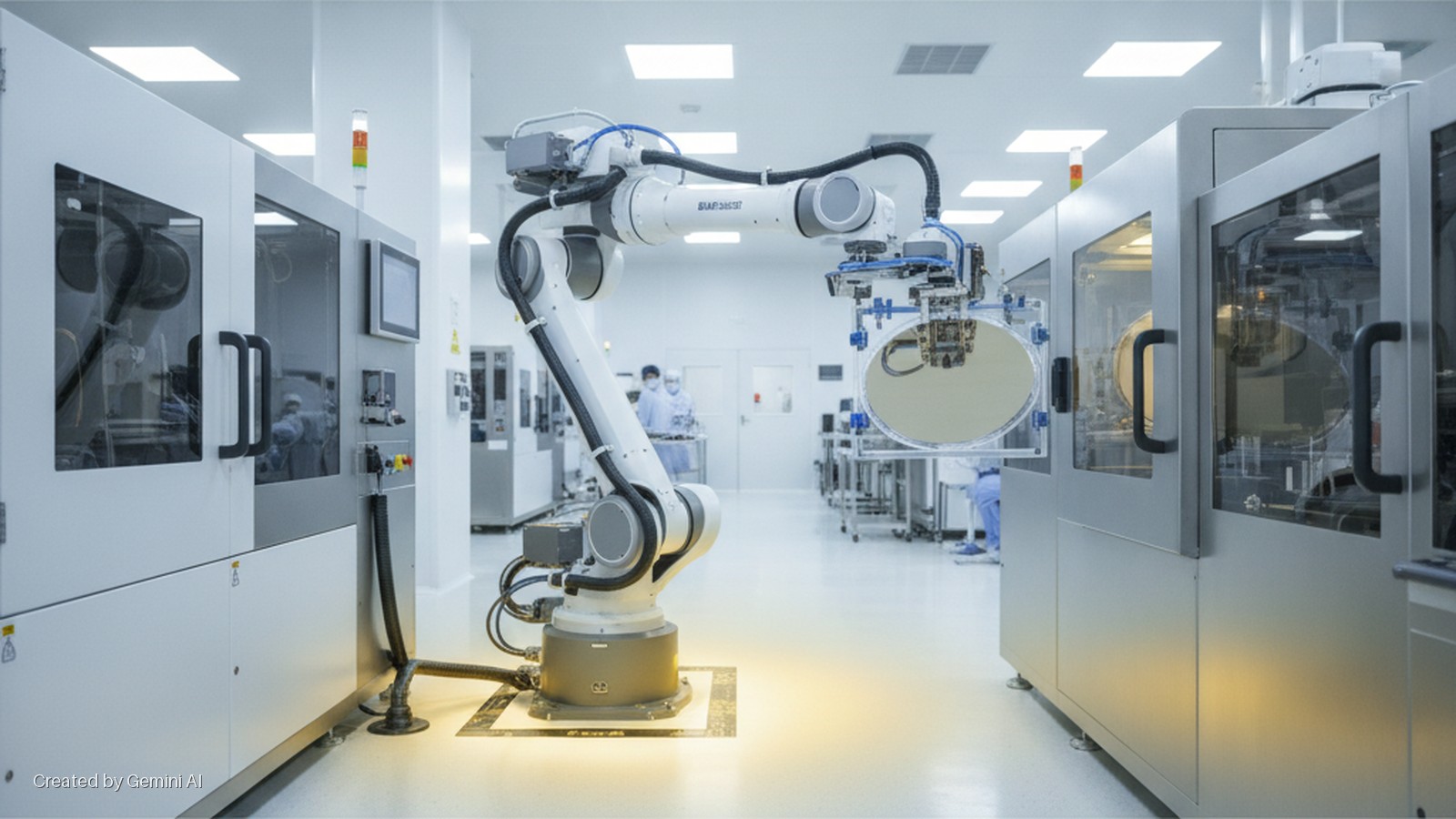 A white robotic arm precisely positions a large reflective wafer in a brightly lit cleanroom, surrounded by processing machines and blurred technicians, with a warm glow on the floor beneath the robot.