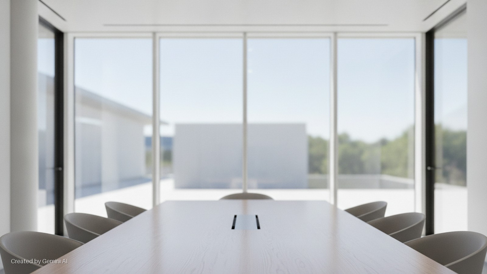 A bright, modern conference room features a long light wood table with an integrated power module, surrounded by light grey chairs, and a wall of windows overlooking a sunny outdoor area with white architecture and green trees.