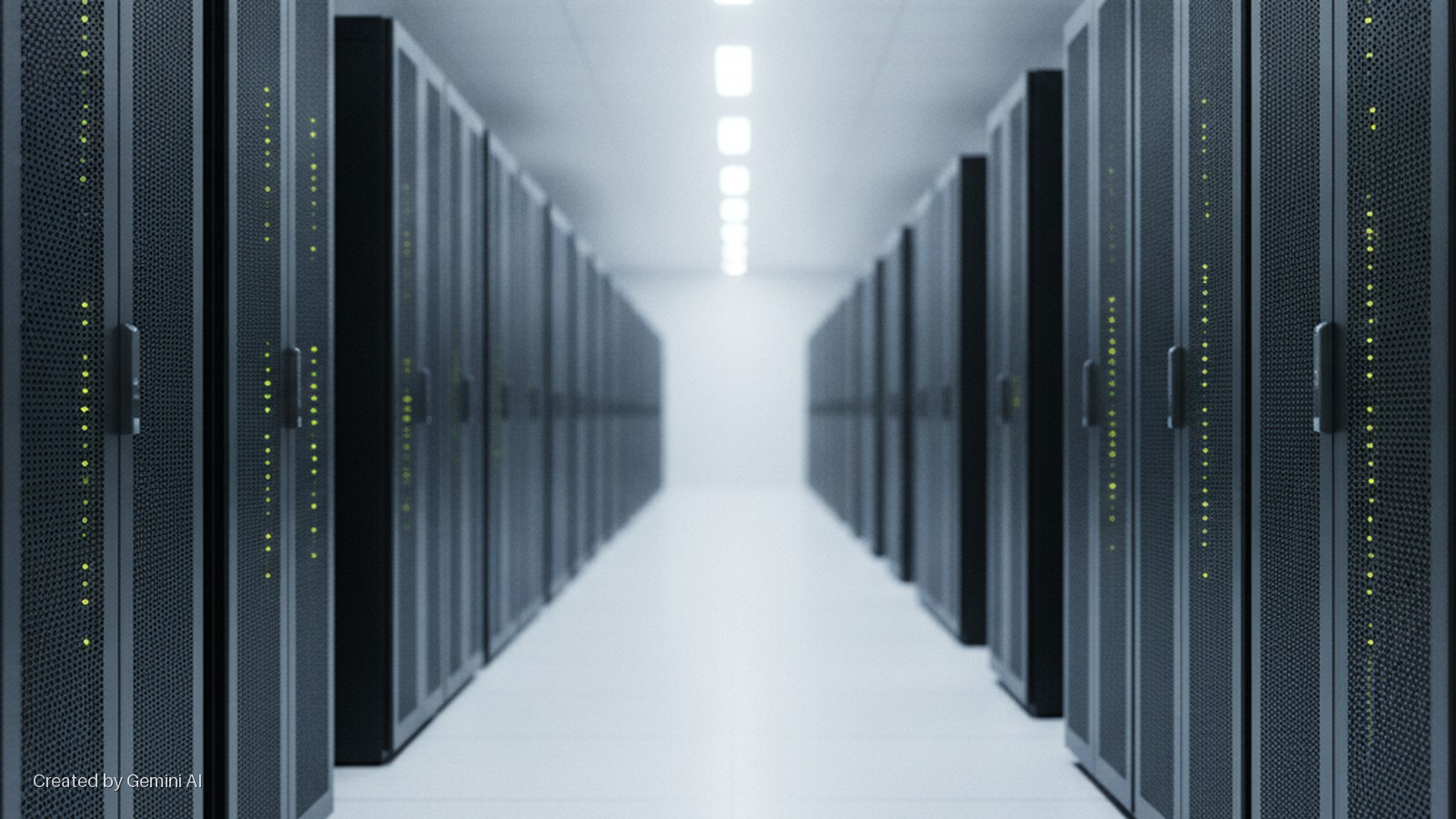 A brightly lit data center aisle features two rows of dark grey server racks, each displaying numerous small yellow-green indicator lights, extending into the distance under square ceiling lights.