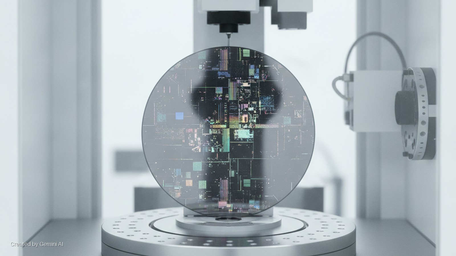 A silicon wafer displaying intricate multicolored circuitry patterns sits on a rotating stage, being inspected by a precision probe in a brightly lit laboratory.