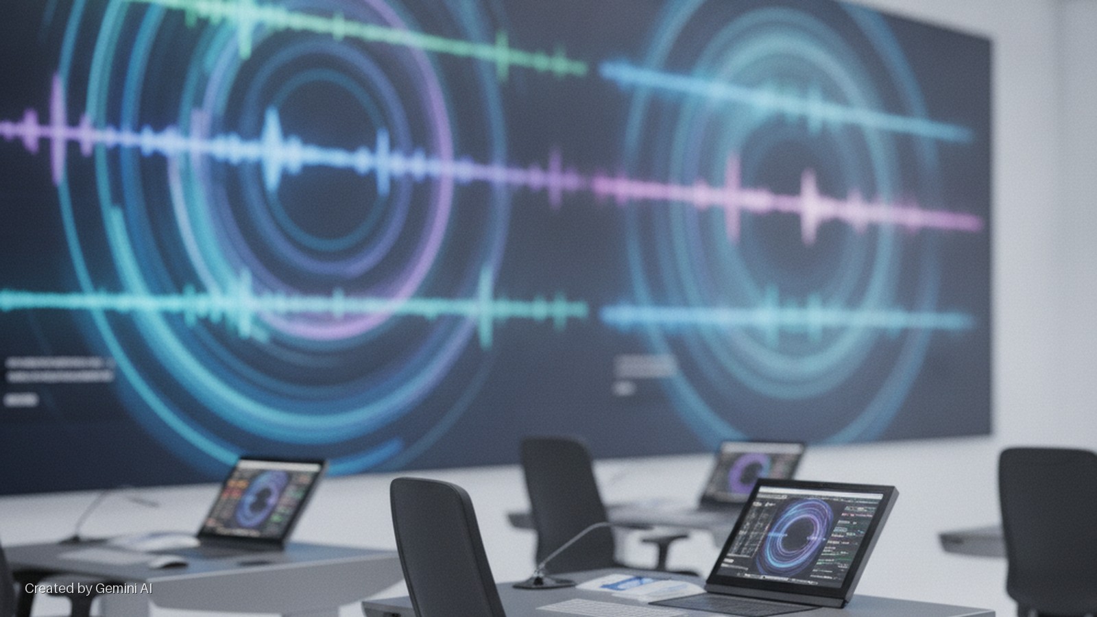 A modern meeting room features a large wall display with blue and purple data visualizations, alongside individual workstations each with an open laptop, black chair, and microphone, all lit by the bright screens and ambient room lighting.