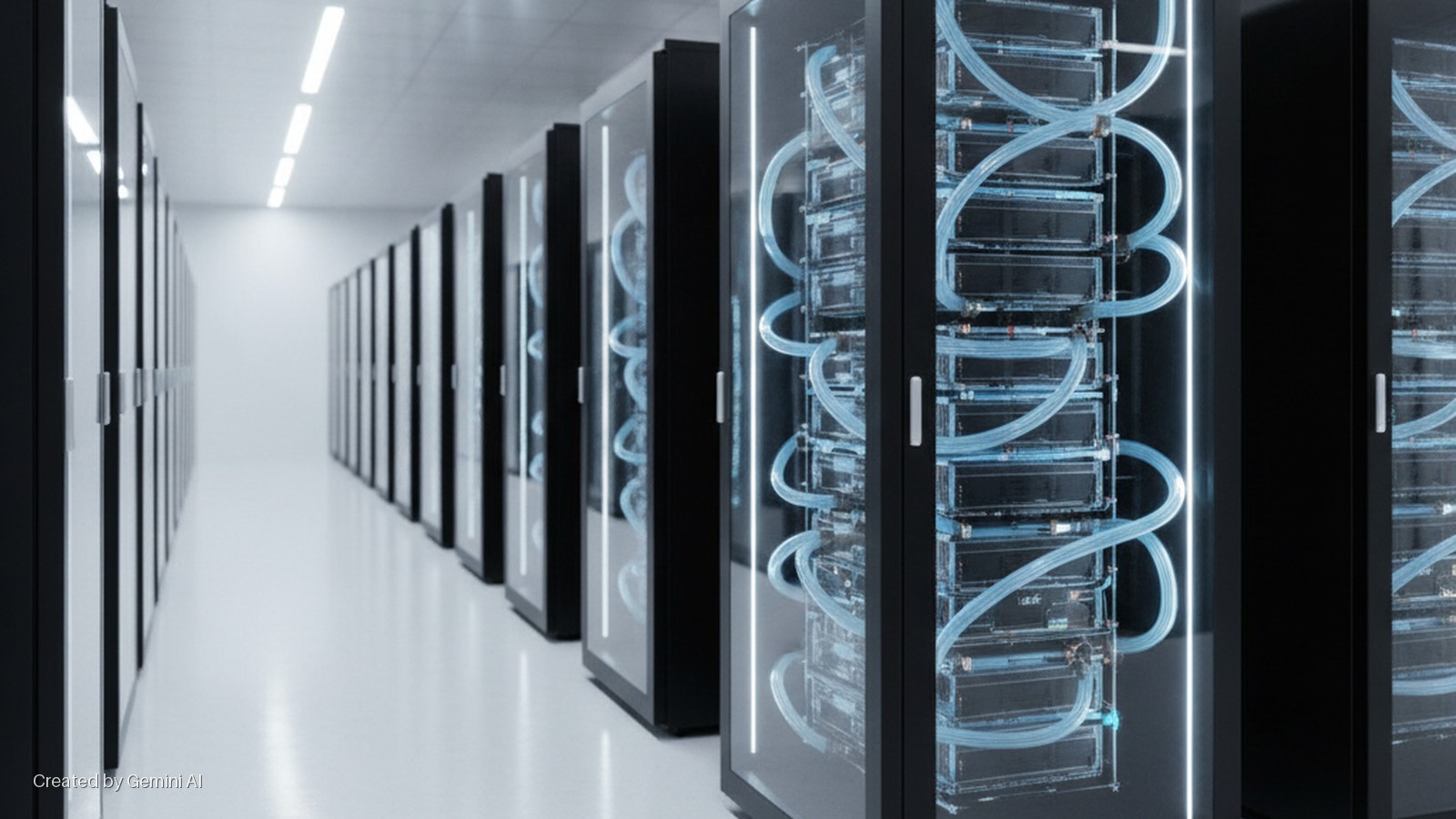 A long aisle of server racks in a brightly lit data center, with several racks on the right featuring transparent doors revealing liquid-cooled computing units with blue tubes and vertical white accent lighting.