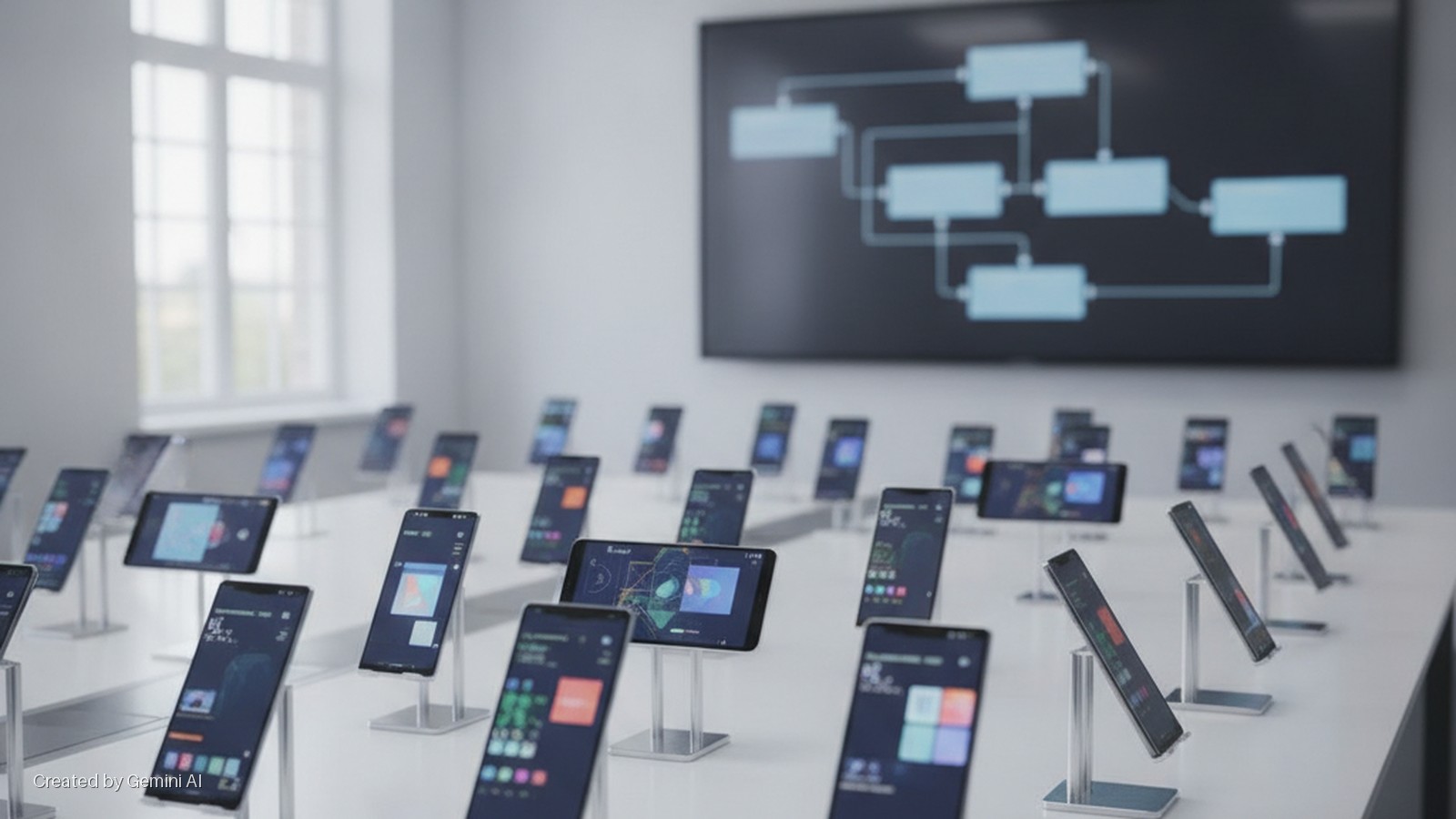 A bright, modern room features many smartphones displayed on stands on a white table, a large screen with a blue flowchart in the background, and a window to the left.