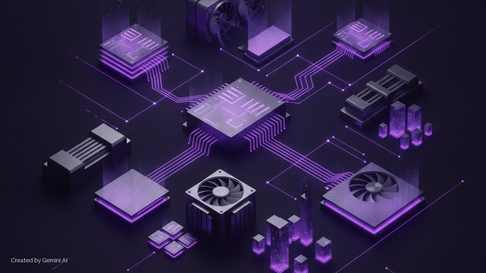 A dark, geometric scene depicts interconnected microchips, cooling fans, heat sinks, and data stacks, all illuminated by vibrant purple glowing lines and elements.