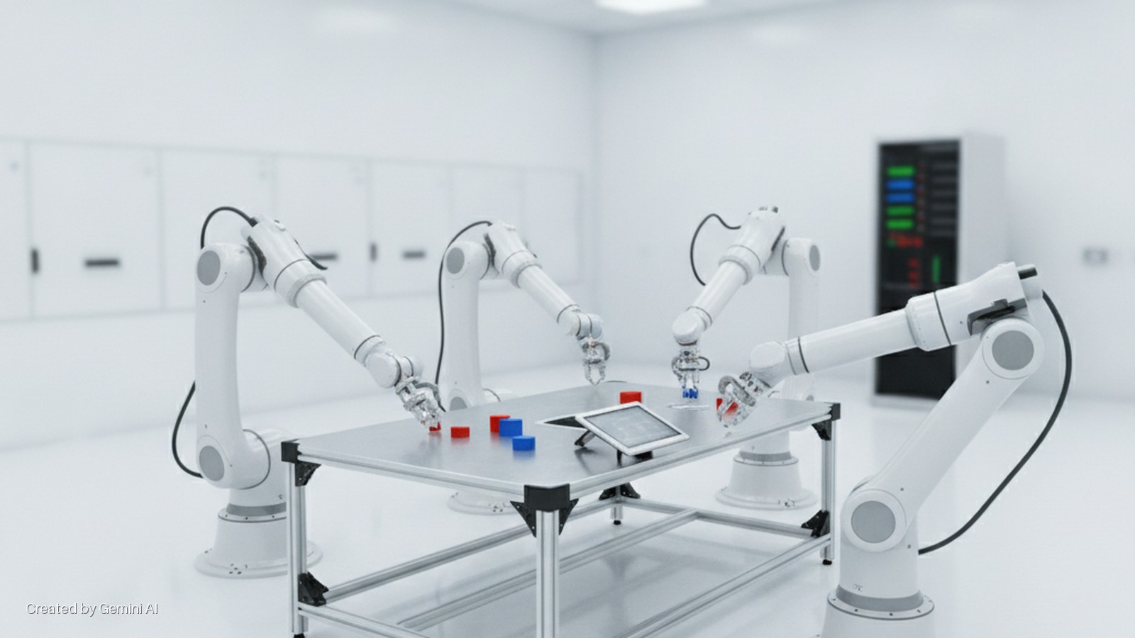 Five white robotic arms interact with red and blue blocks and a tablet on a silver table in a brightly lit, clean white room with wall cabinets and a server rack.
