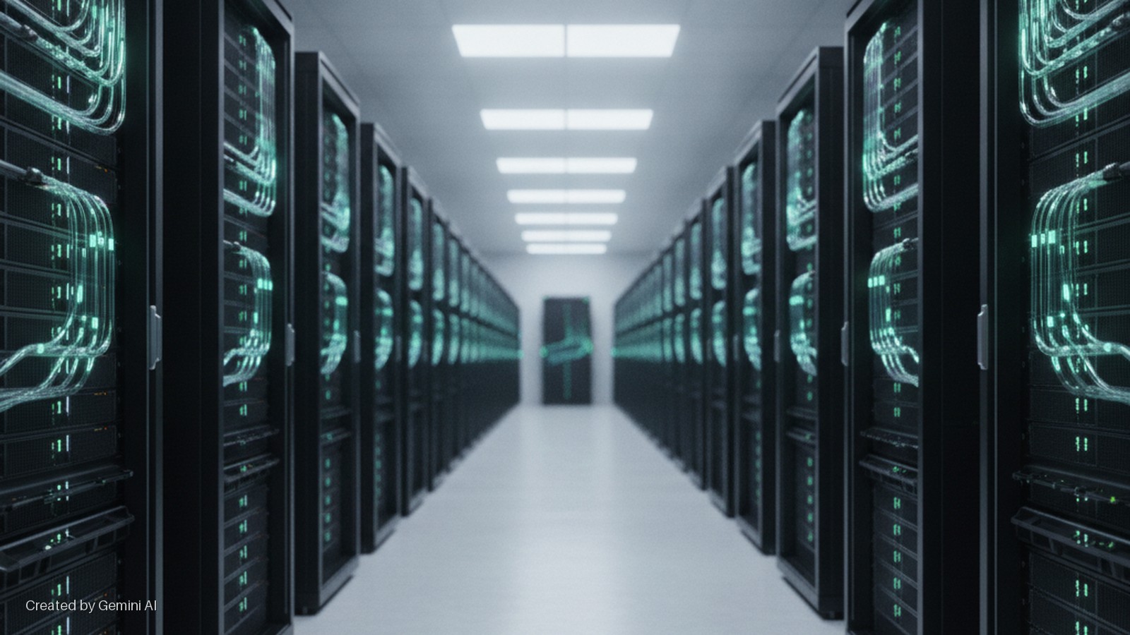 A brightly lit data center aisle with symmetrical rows of black server racks on both sides, displaying glowing green internal lights and cables, leading to a blurred door at the far end.