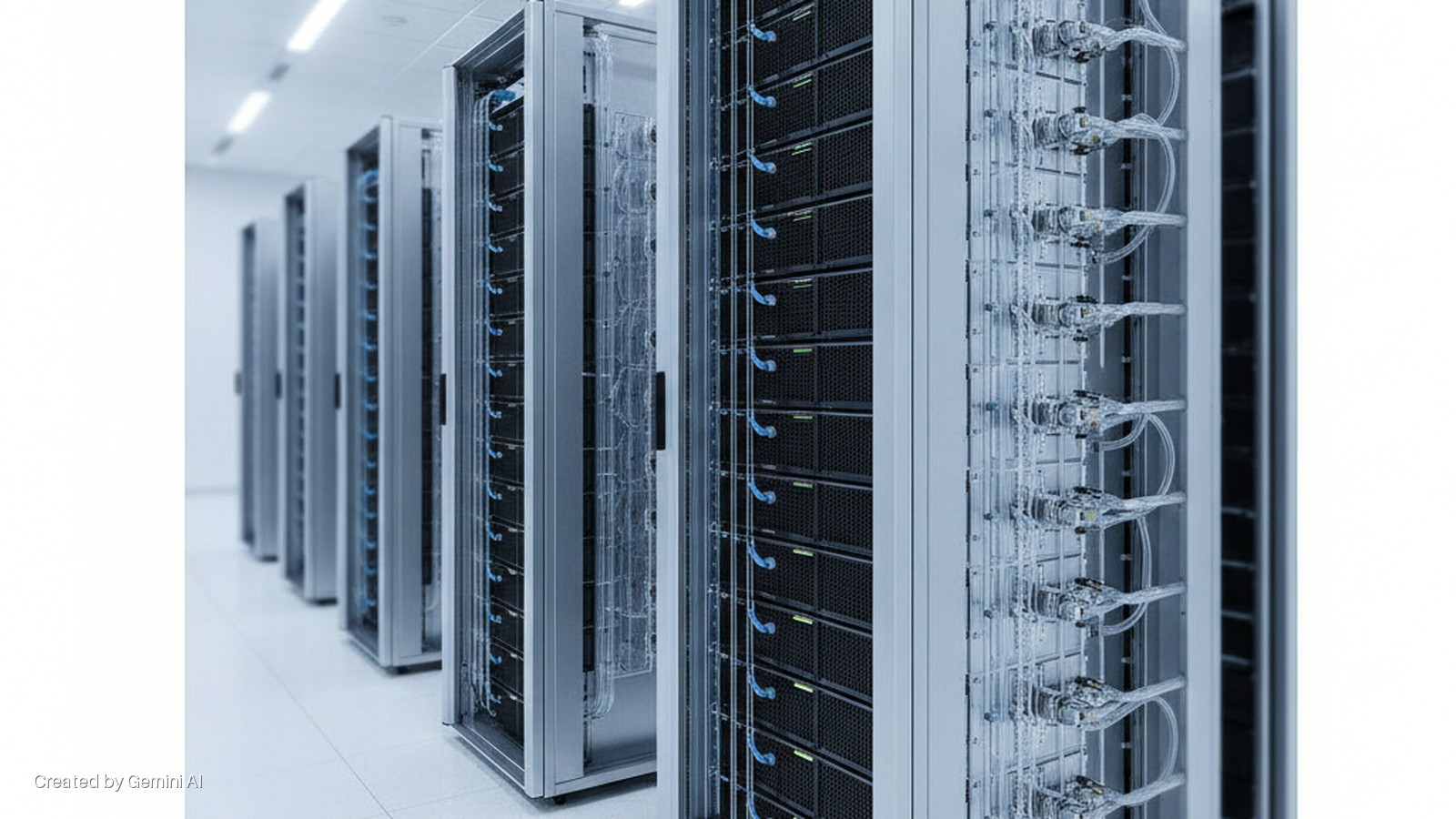 A brightly lit, modern data center hall showing rows of server racks, with transparent fluid cooling lines visible on the side of the foremost rack.