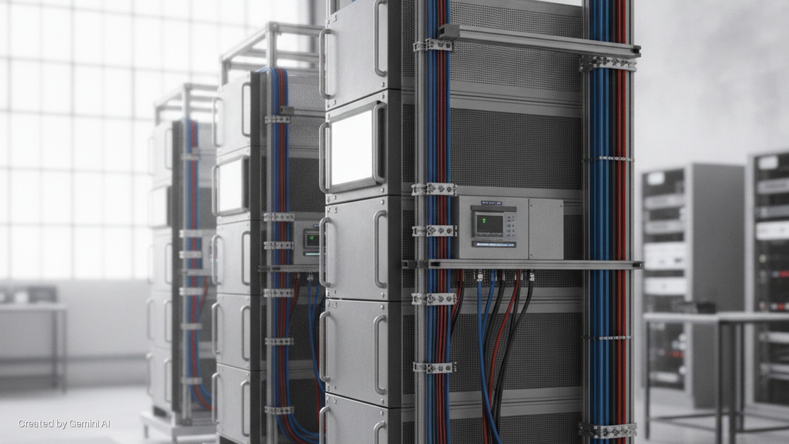 A row of modular server racks featuring organized red, blue, and black cables, control panels, and handles stands in a brightly lit technical facility with a large grid window.