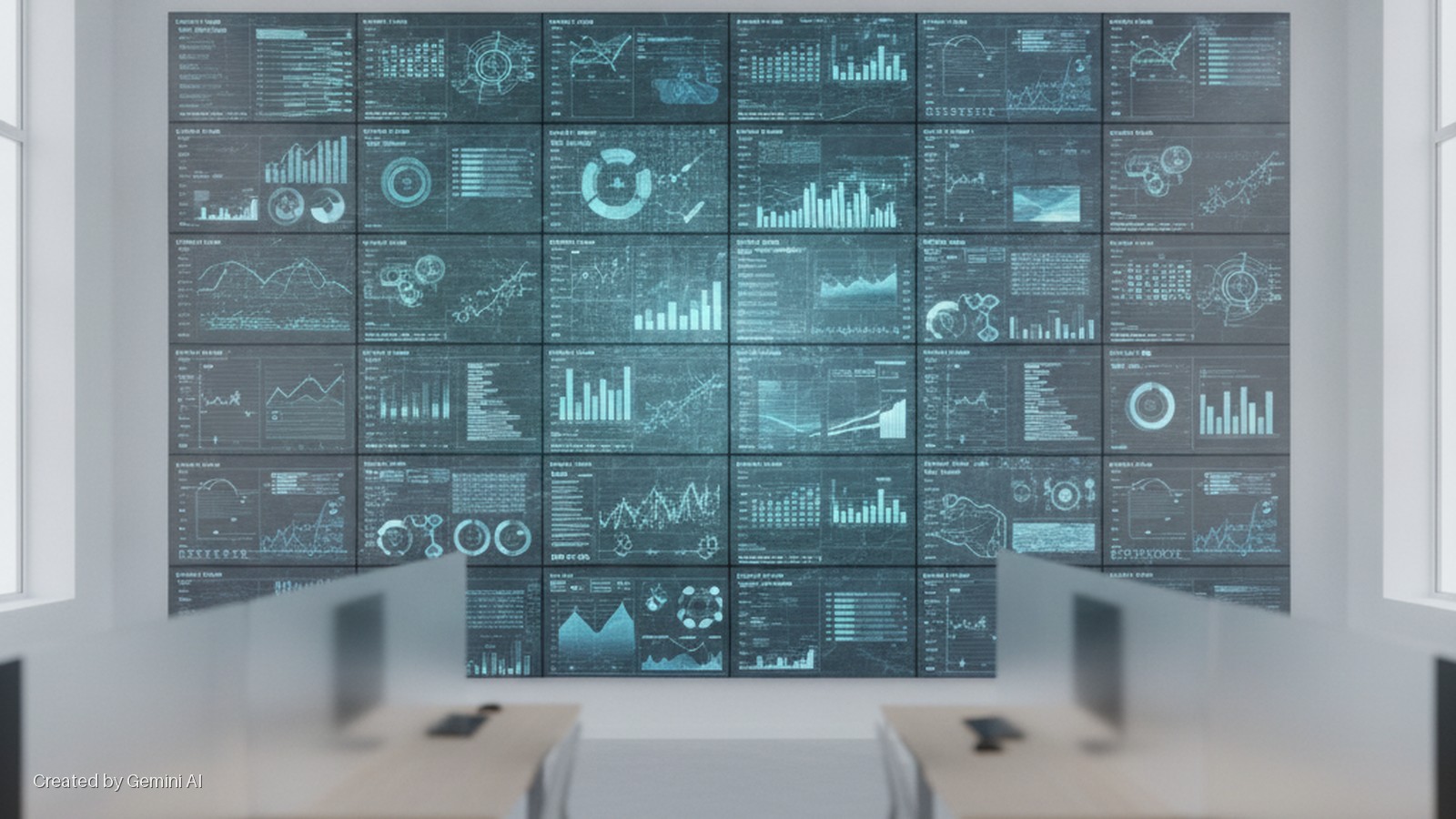 An office features a large video wall composed of multiple screens displaying blue data visualizations, with two workstations in the foreground lit by both the screens and natural light from side windows.