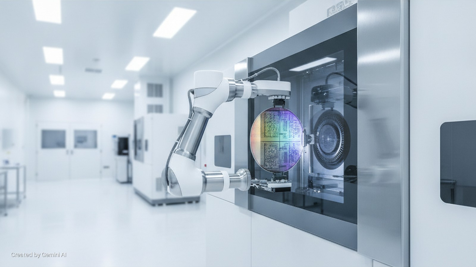 A robotic arm holds a colorful semiconductor wafer, positioning it within advanced manufacturing equipment in a brightly lit cleanroom.