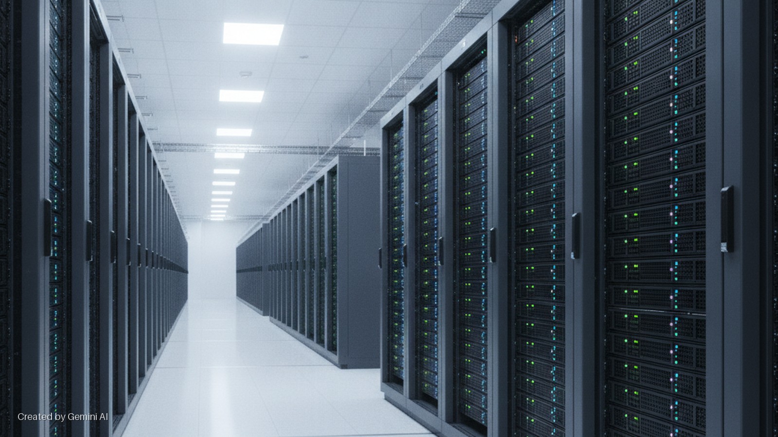 A long, brightly lit data center aisle is flanked by rows of black server racks filled with servers displaying glowing green and blue indicator lights under rectangular overhead lights.
