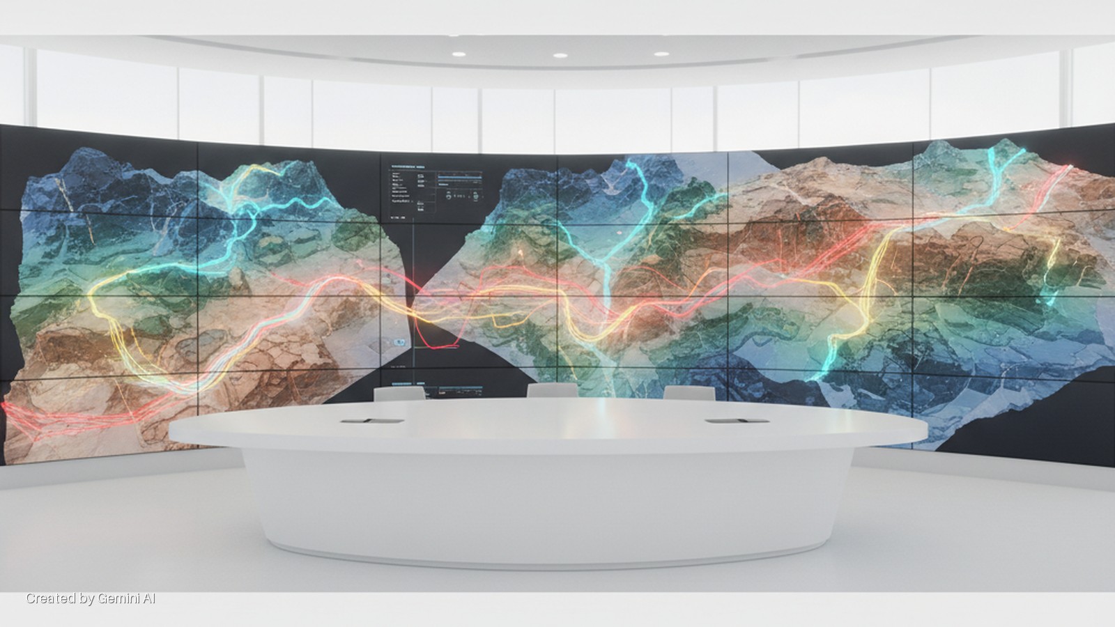A brightly lit, modern control room features a large, curved video wall displaying a colorful topographical map with glowing data lines, and a white oval conference table with chairs in the foreground.