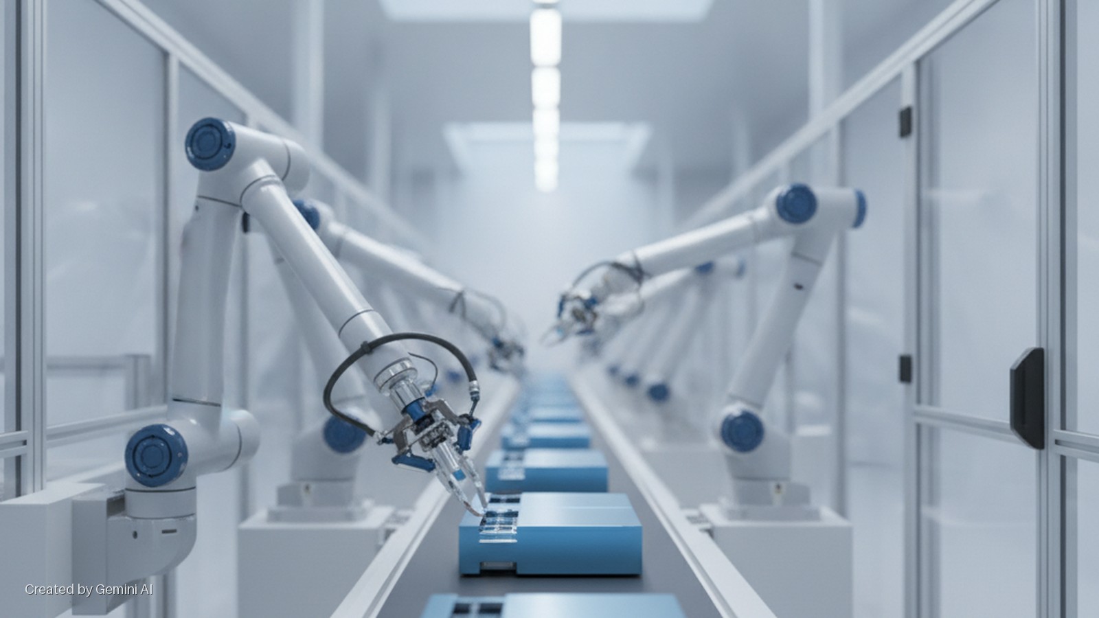 Rows of white robotic arms with blue accents perform assembly on blue rectangular modules moving along a conveyor belt in a brightly lit, clean room production facility with transparent safety barriers.