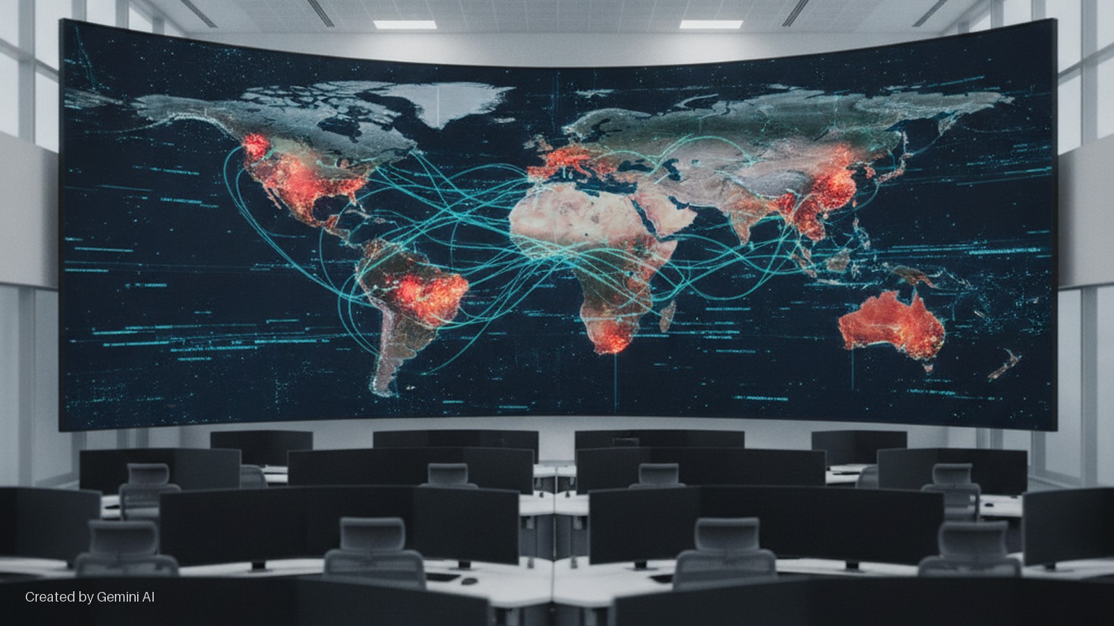 An empty control room features a large curved wall-sized display showing a world map with glowing red regions and interconnected blue lines, in front of rows of computer monitors and chairs under bright overhead lighting.