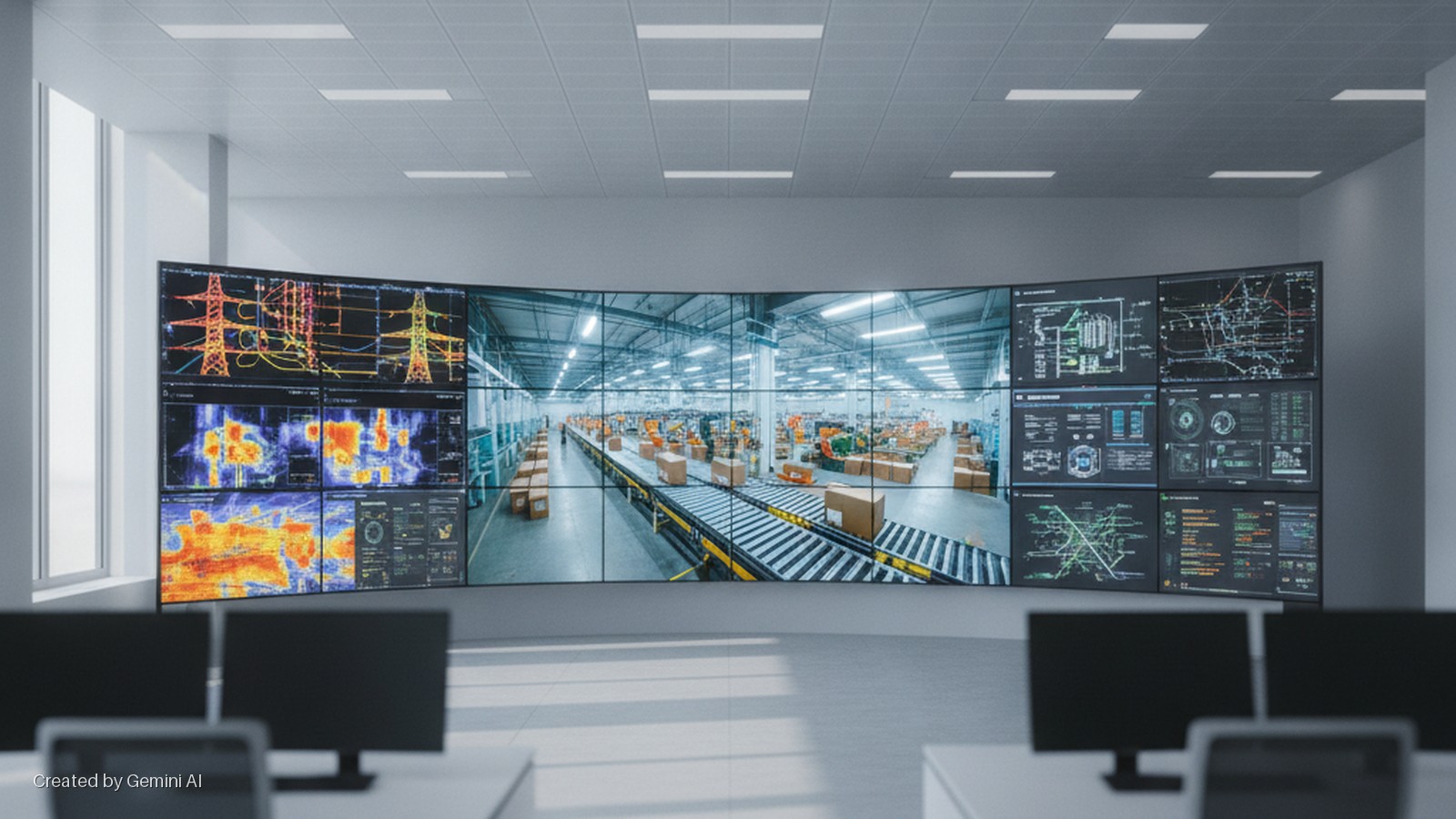 A brightly lit control room features a large curved video wall displaying power grid schematics, thermal imagery, and a wide view of an automated warehouse with conveyor belts, alongside multiple computer monitors on desks in the foreground